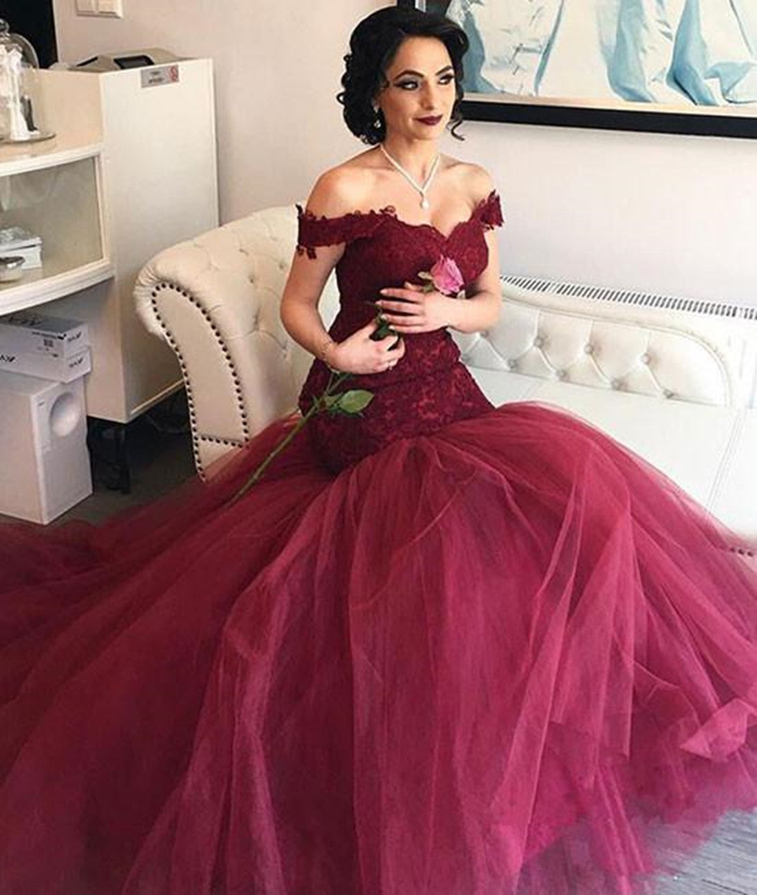 Unthony - Off Shoulder Mermaid Lace Burgundy Long Prom Dress