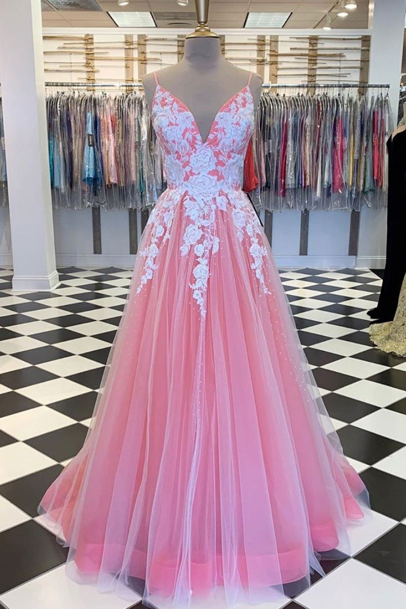 Unthony - A Line V Neck Pink Long Prom Dress with Lace Appliques