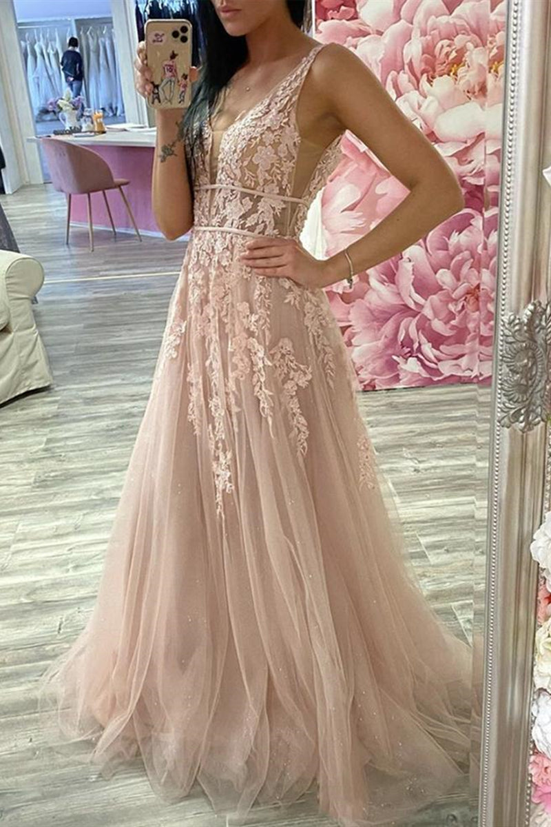 Unthony - A Line V Neck Pink Lace Long Prom Dress
