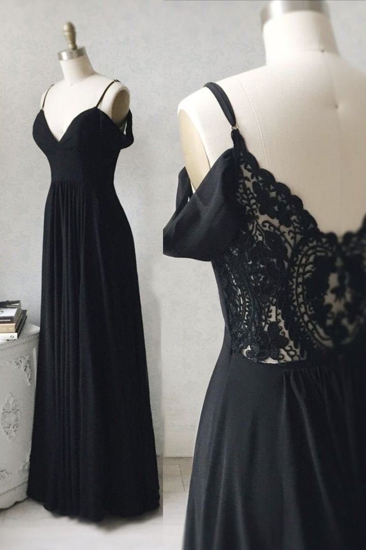 Unthony - Off Shoulder V Neck Black Lace Long Prom Dress