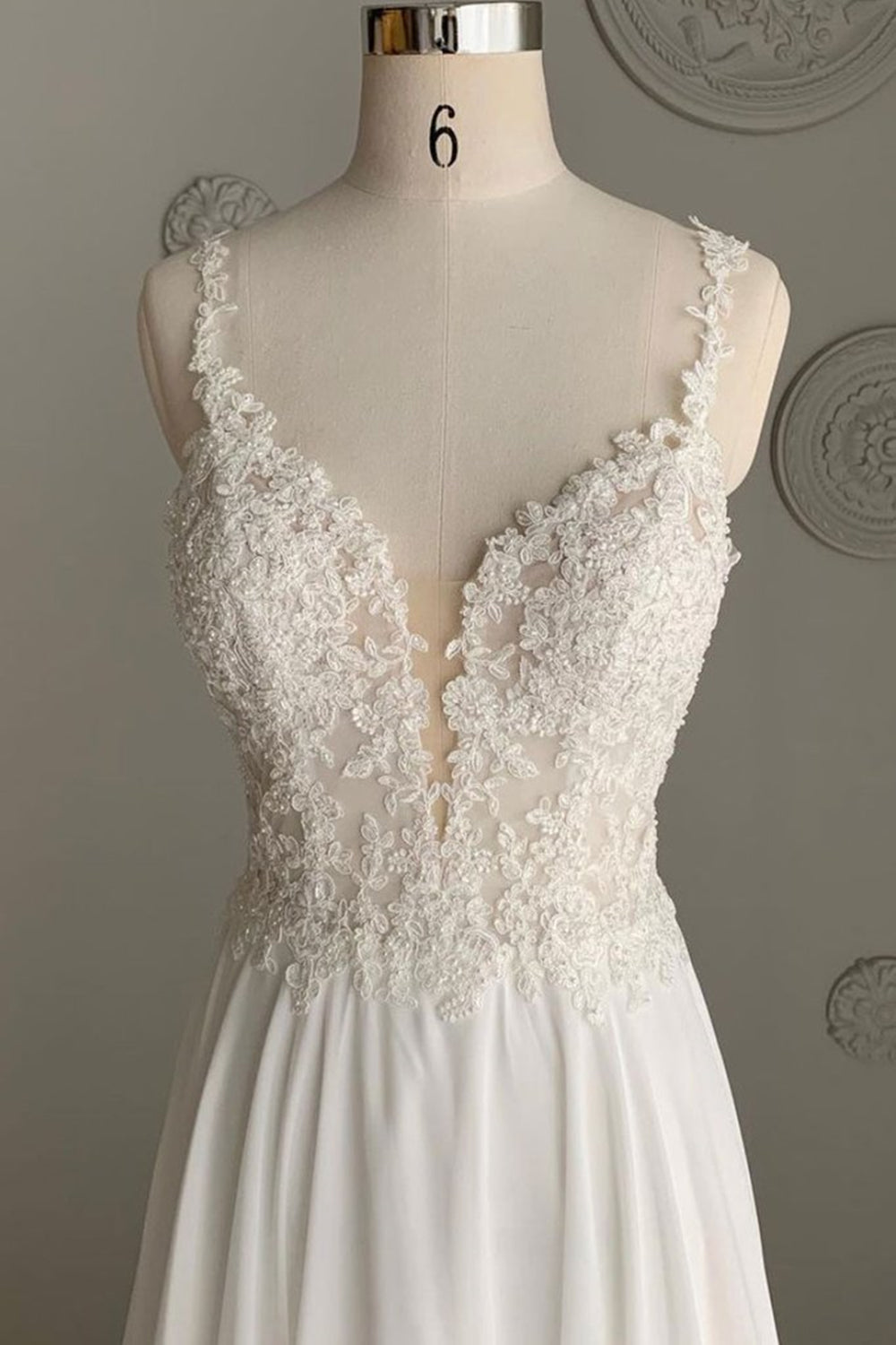 Unthony - Deep V Neck White Lace Long Prom Dress