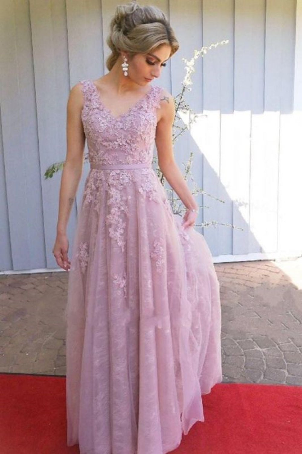 Unthony - A Line V Neck Open Back Pink Lace Long Prom Dress