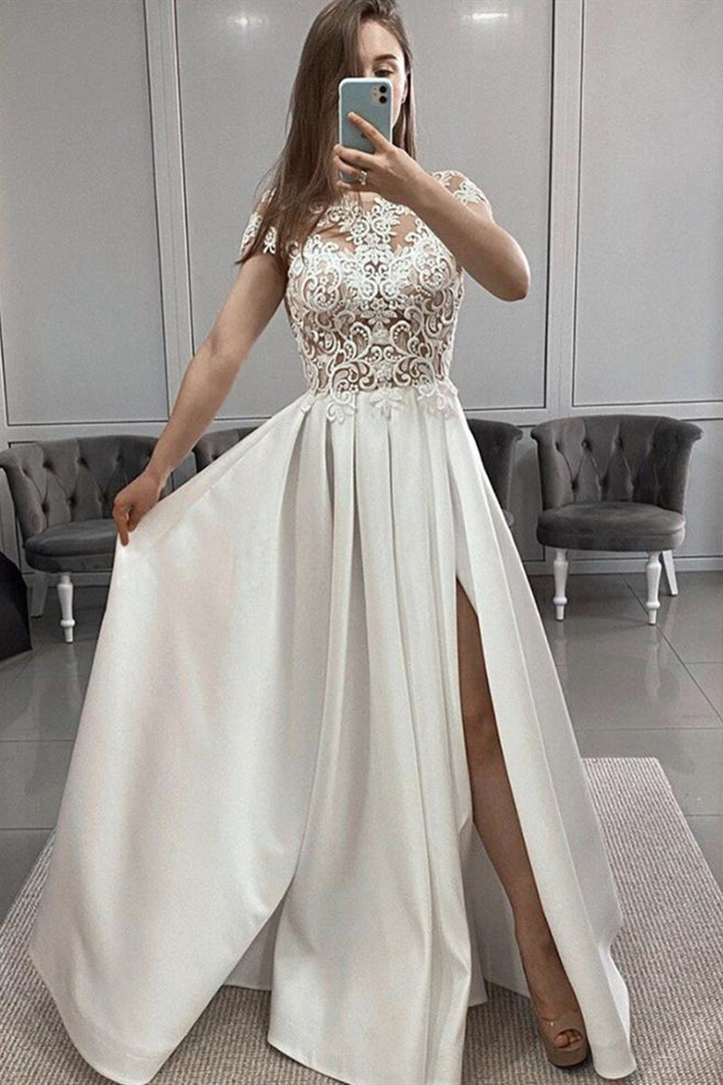 Unthony - Round Neck Cap Sleeves White Lace Long Prom Dress with Slit