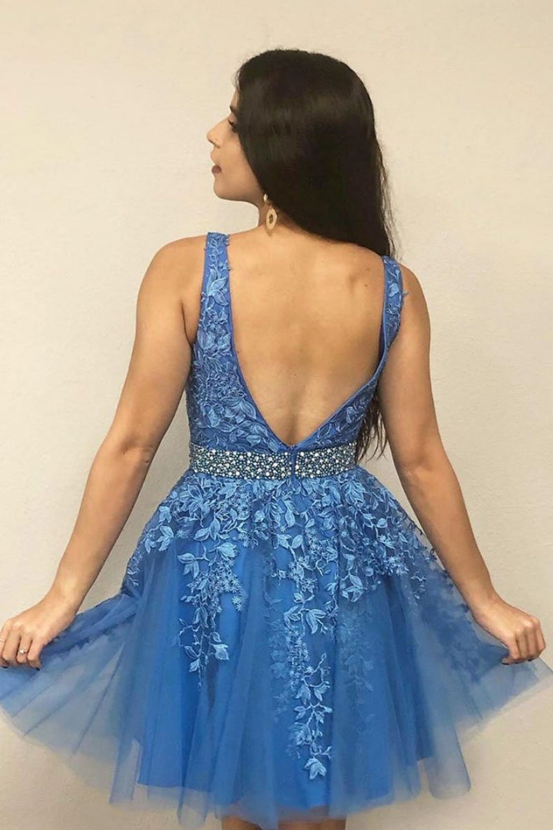 Unthony - V Neck Open Back Blue Lace Short Prom Homecoming Dress