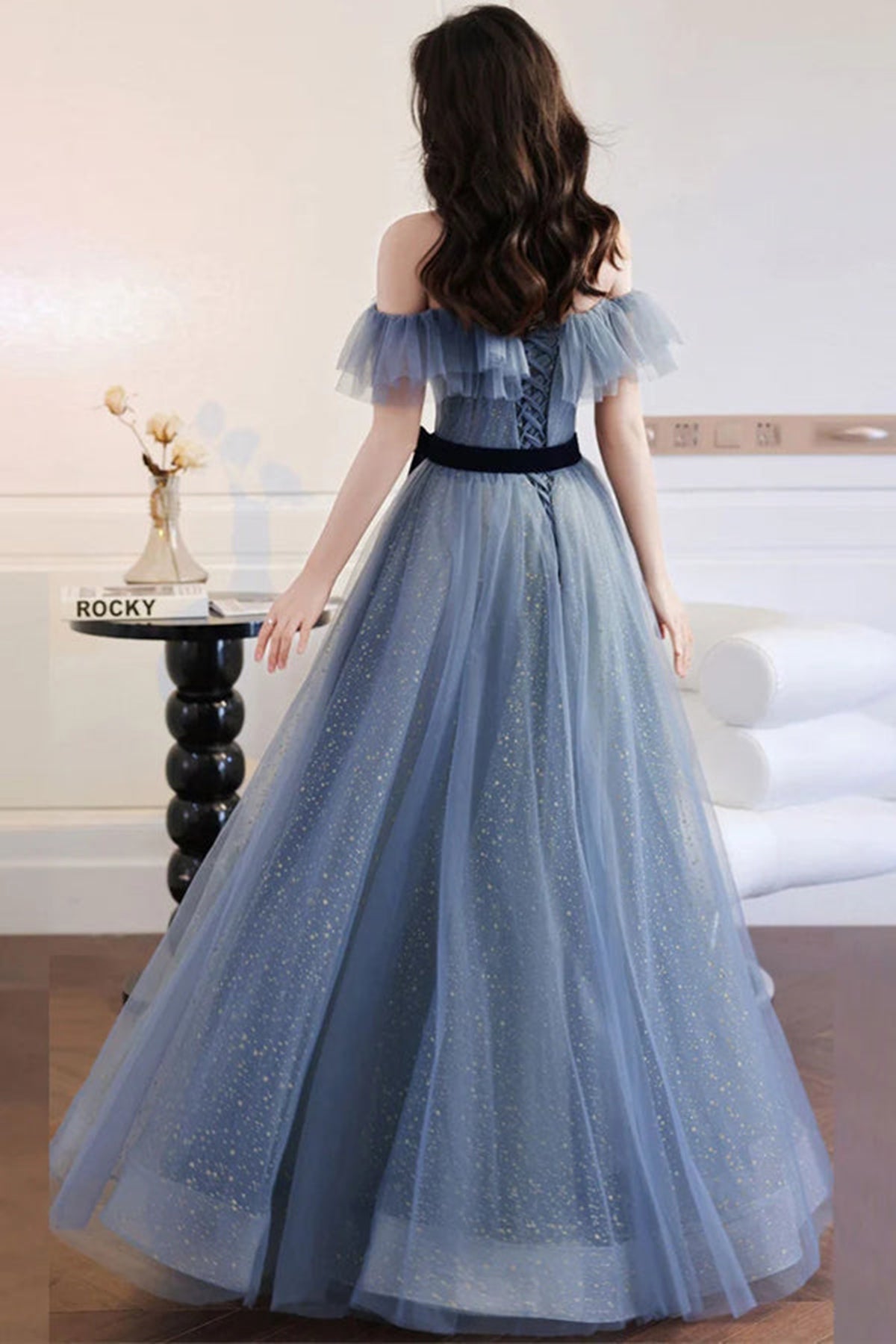 Unthony - Elegant Off Shoulder Gray Blue Long Prom Dresses