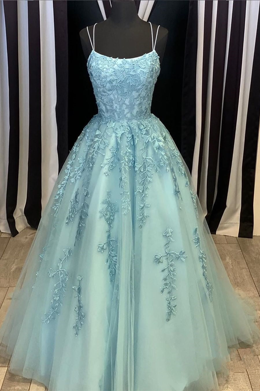 Unthony - A Line Backless Lace Long Sky Blue Prom Dress