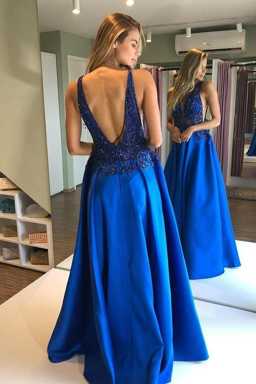 Unthony - V Neck Open Back Blue Beaded Long Prom Dress