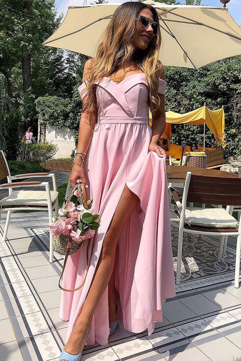 Unthony - Off Shoulder Pink Long Prom Dress with High Slit