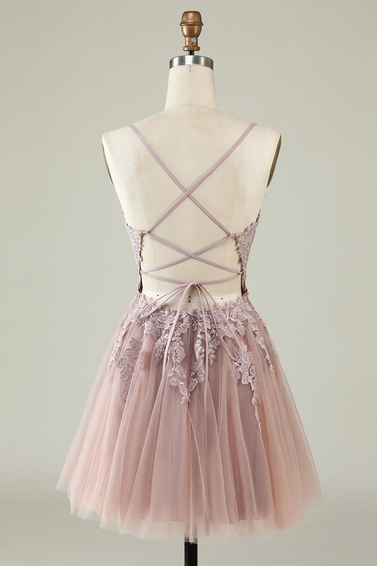 Unthony - Open Back V Neck Pink Lace Appliques Prom Dress