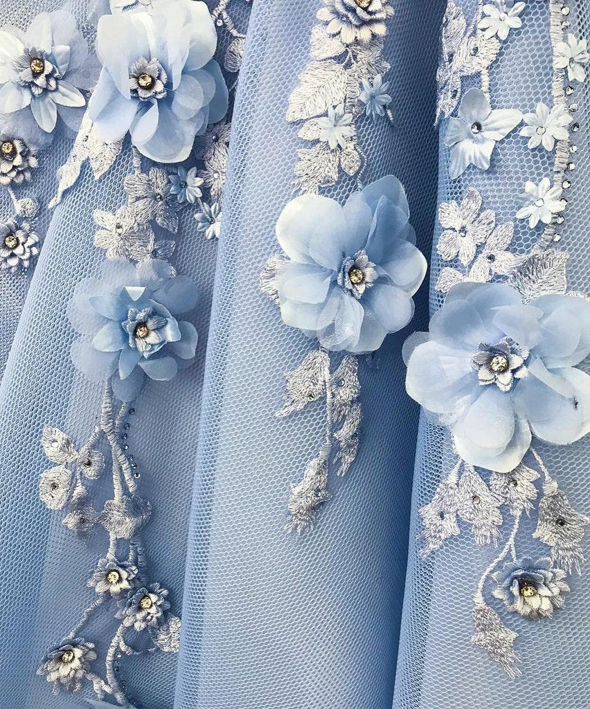 Unthony - Off Shoulder Baby Blue Lace Long Floral Prom Dress