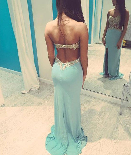 Unthony - A Line Mermaid Backless Lace Baby Blue Prom Dresses