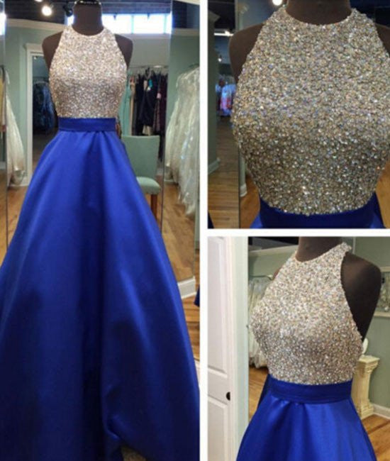 Unthony - A Line Round Neck Sequins Backless Blue Prom Dresses