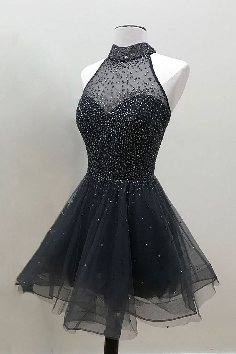 Unthony - Glamorous A Line High Neck Beaded Tulle Short Black Prom Dresses
