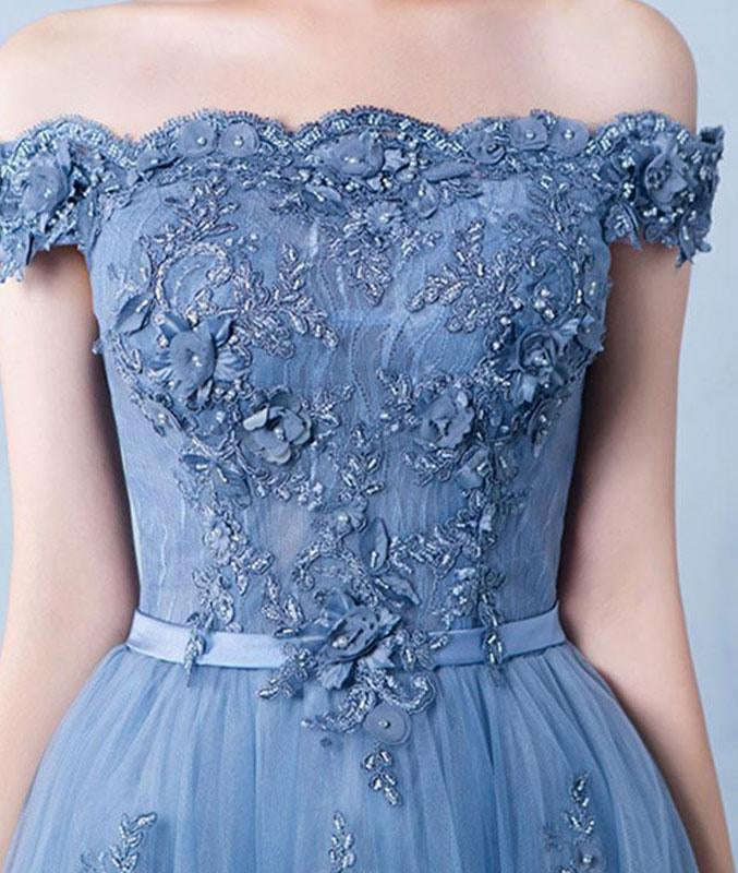 Unthony - A Line Off Shoulder Lace Appliques Blue Tulle Long Prom Dresses