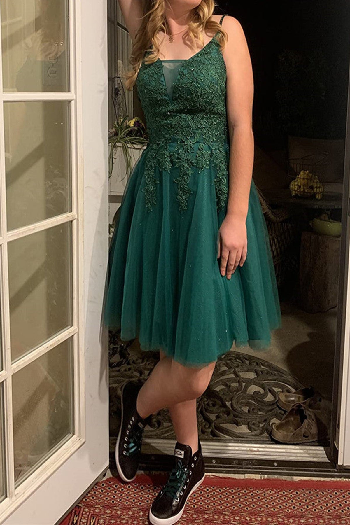 Unthony - V Neck Green Lace Prom Dress
