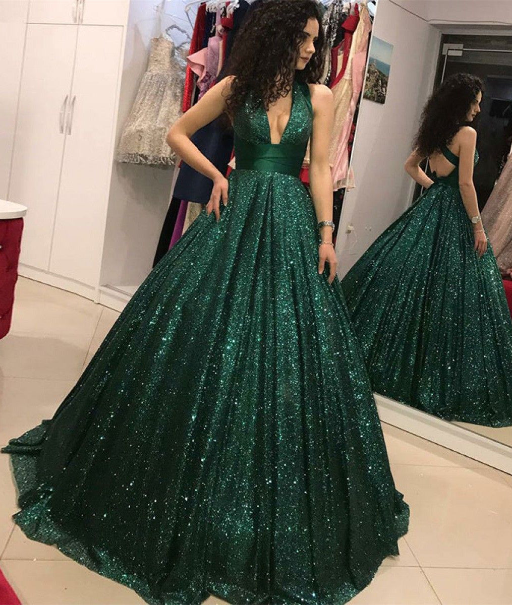 Unthony - Sparkly A Line V Neck Open Back Dark Green Sequin Prom Dress
