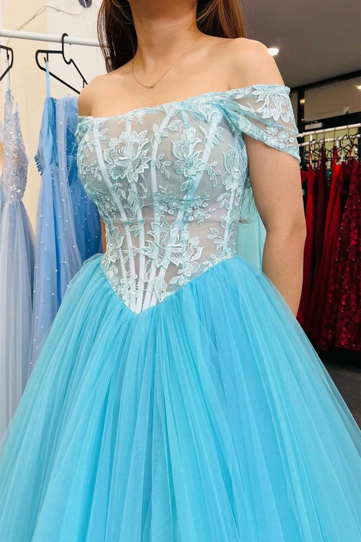 Unthony - Off Shoulder Blue Lace Tulle Long Prom Dress
