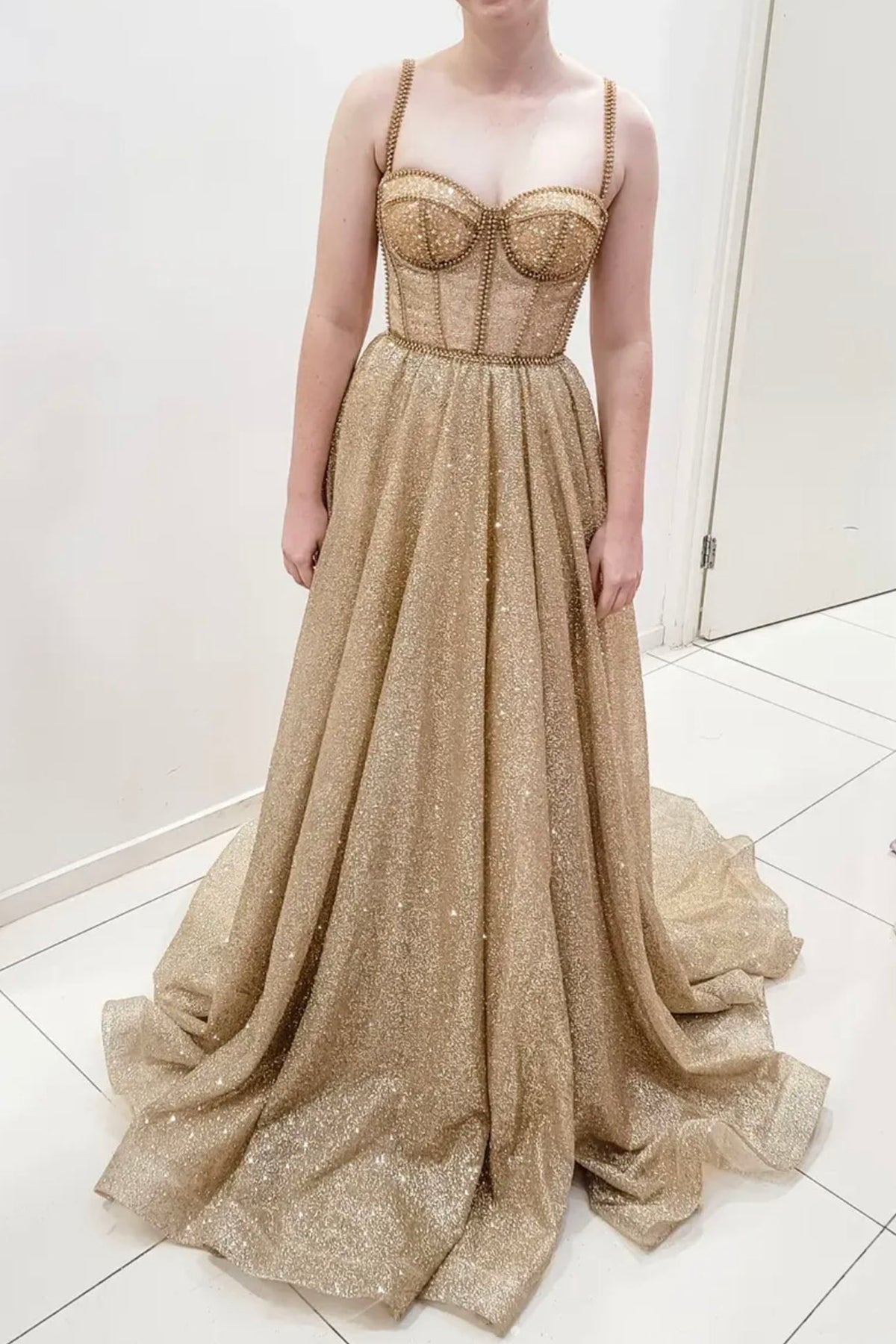 Unthony - Shiny A Line Champagne Tulle Long Prom Dress