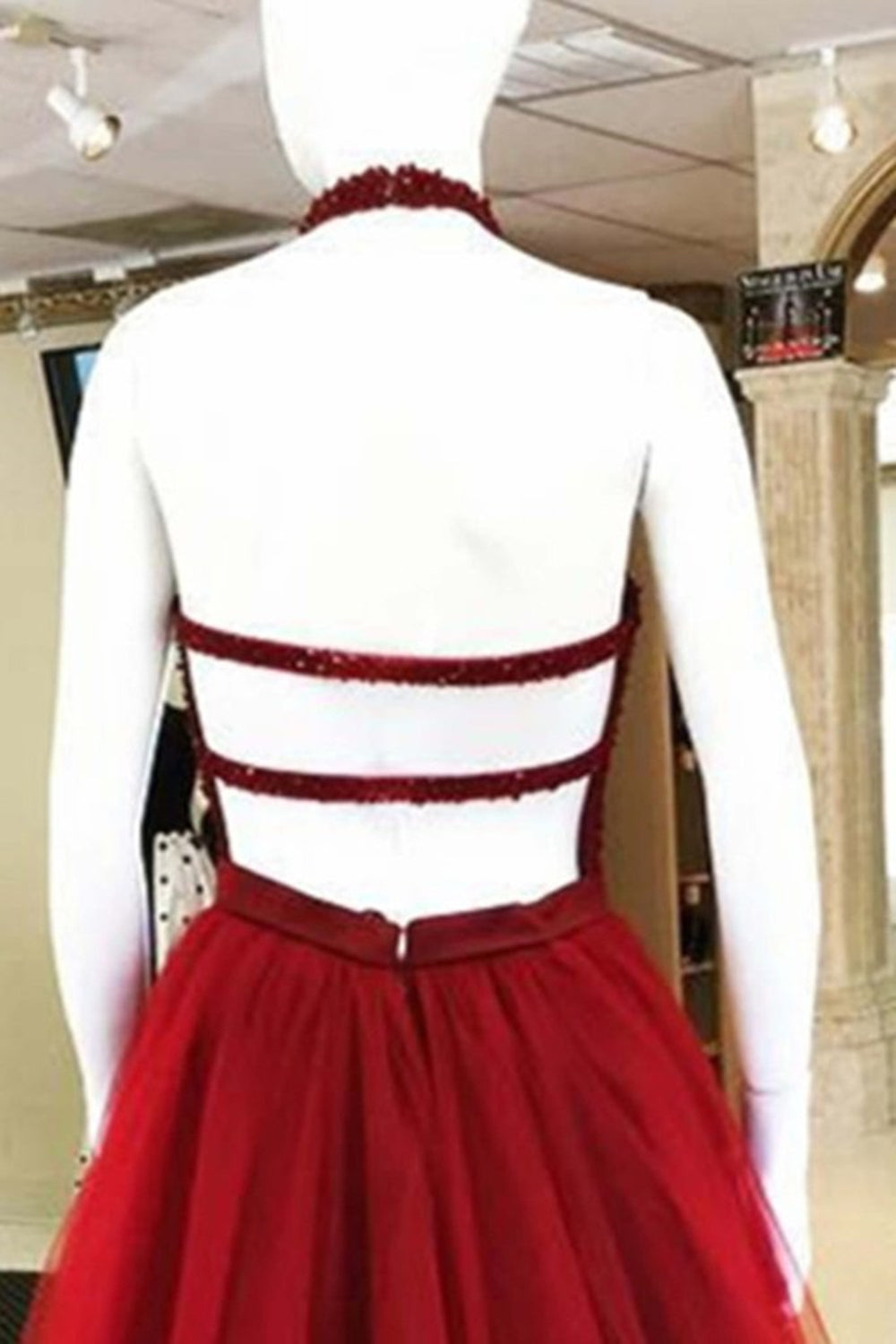 Unthony - Halter Neck Open Back Beaded Burgundy Prom Dress