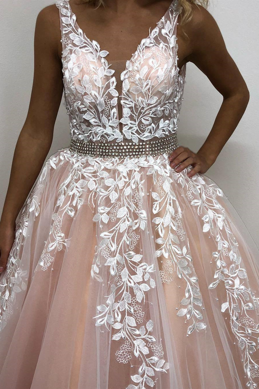 Unthony - A Line V Neck Open Back Pink Lace Appliques Long Prom Dress
