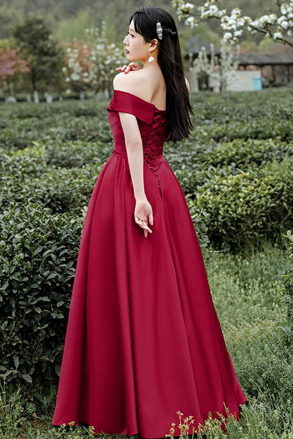 Unthony - Simple Off Shoulder Burgundy Long Prom Dress