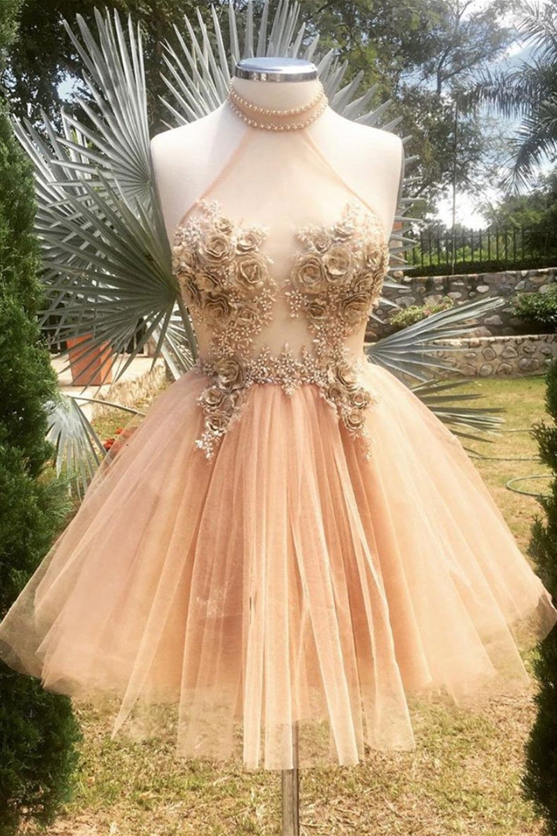 Unthony - Halter Neck Backless Champagne 3D Floral Short Prom Dress
