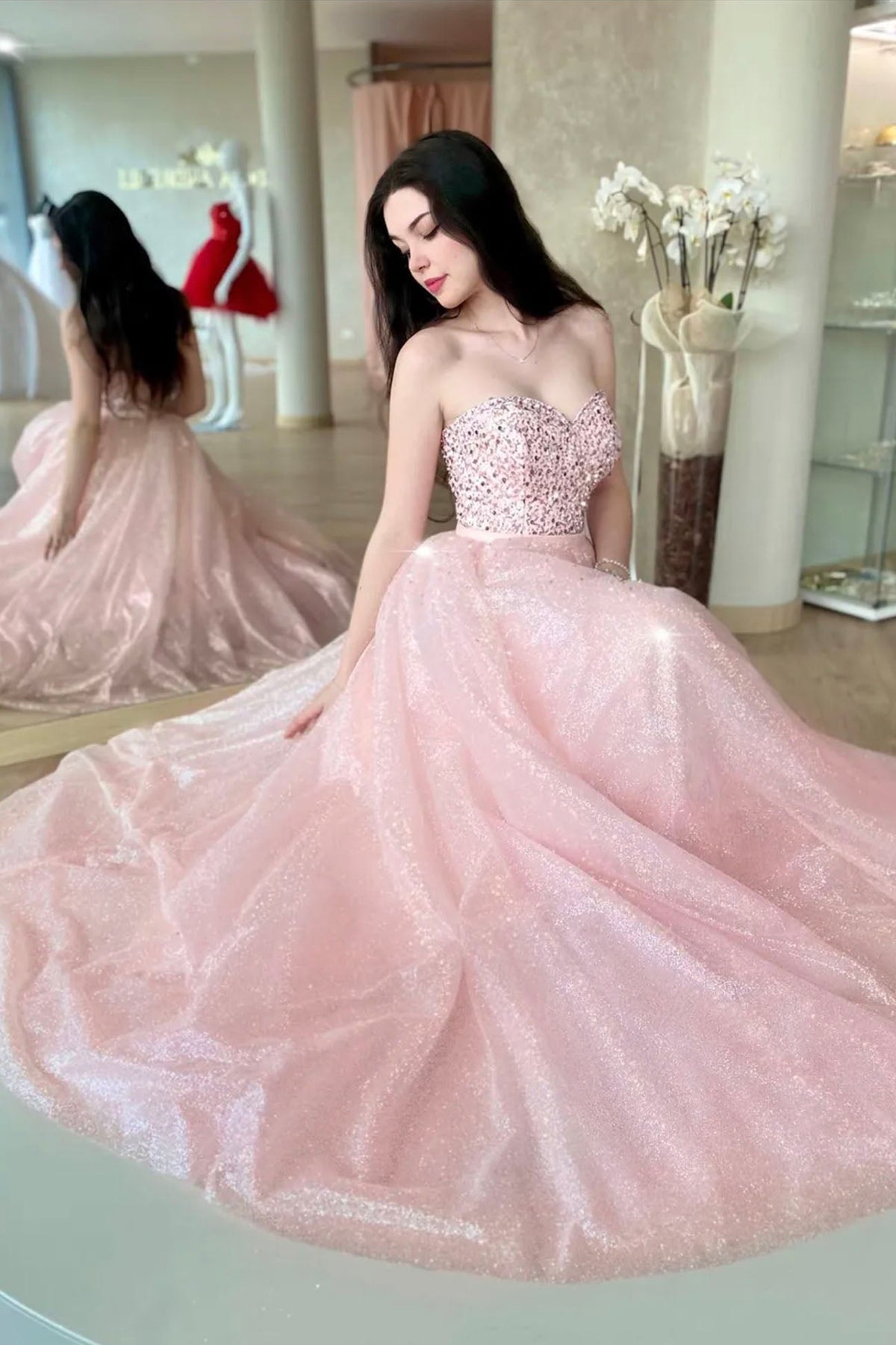 Unthony - Shiny Sweetheart Neck Strapless Beaded Pink Long Prom Dress