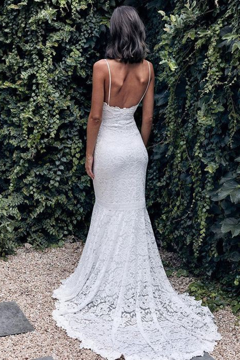 Unthony - Mermaid Backless White Lace Long Prom Dress Wedding Dress with Train