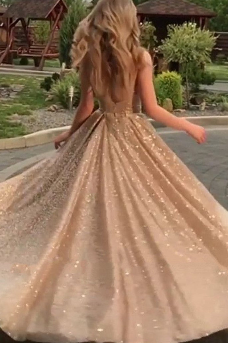 Unthony - Shiny Champagne Gold Sequins Sleeveless Long Prom Dress