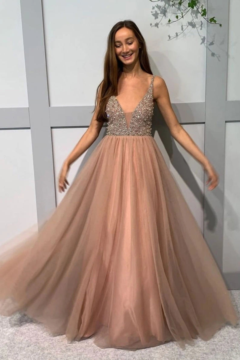 Unthony - A Line V Neck Beaded Long Champagne Prom Dress