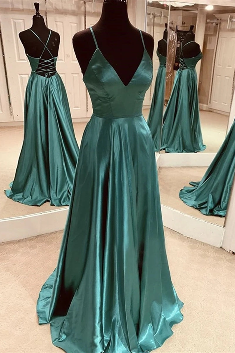 Unthony - A Line V Neck Open Back Emerald Green Satin Long Prom Dress