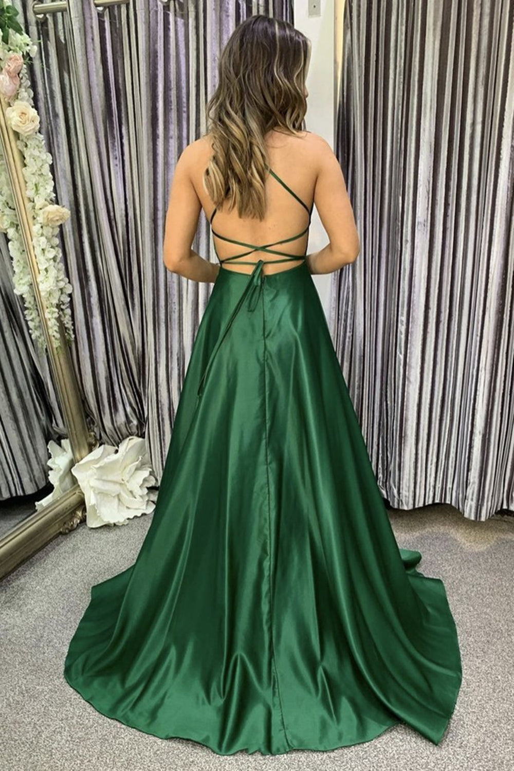 Unthony - Green Satin Backless Long Prom Dress with High Slit
