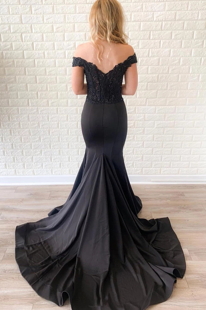Unthony - Off the Shoulder Mermaid Lace Black Long Prom Dress with Train