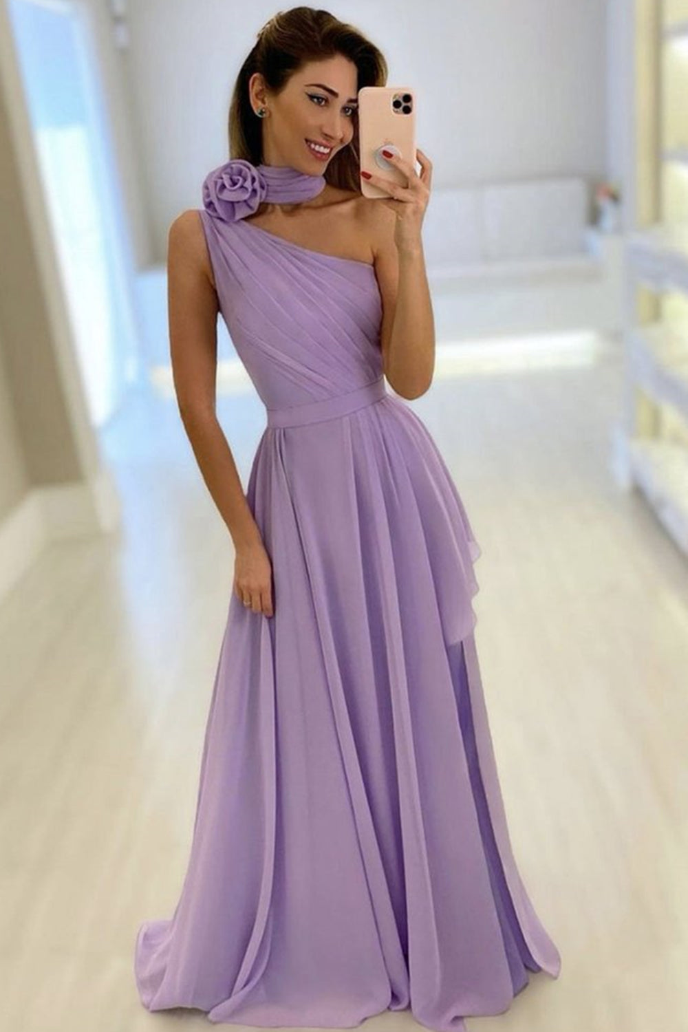 Unthony - One Shoulder Purple Chiffon Long Prom Dress