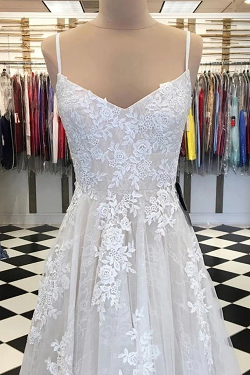 Unthony - A Line V Neck Lace Appliques White Prom Dress Wedding Dress