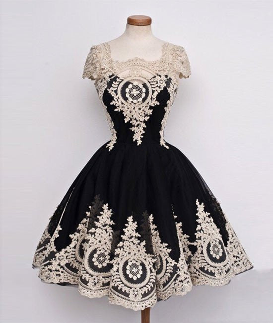 Unthony - Cute Lace Applique Black Short Prom Dresses