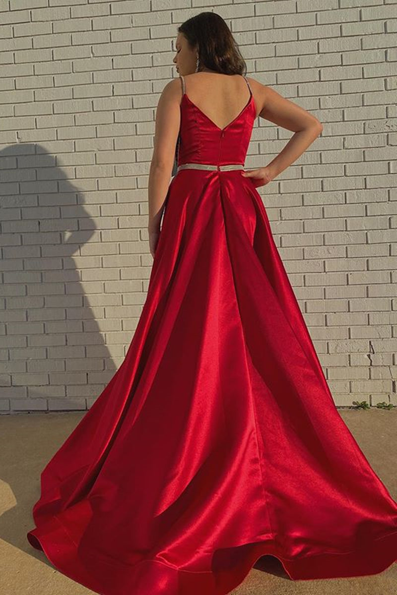 Unthony - A Line V Neck Red Satin Long Prom Dress with Belt