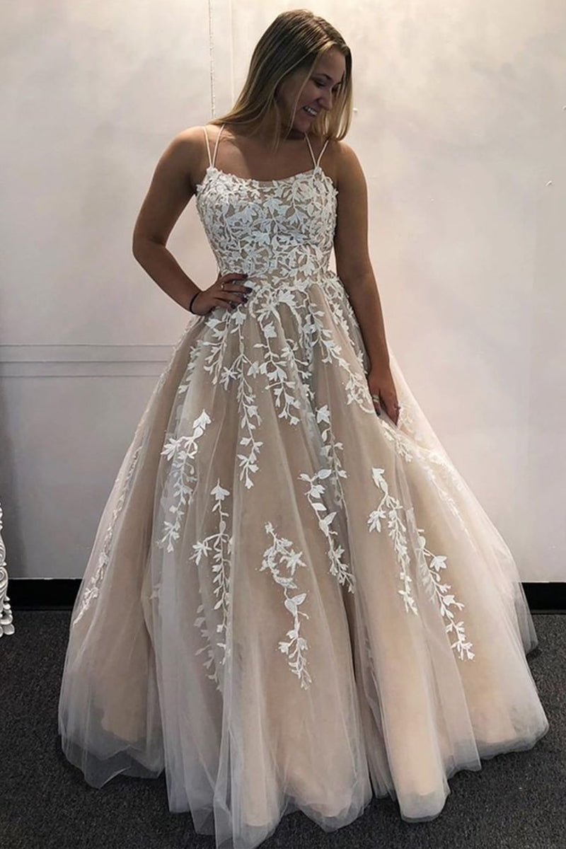 Unthony - Backless Champagne Lace Long Prom Dresses