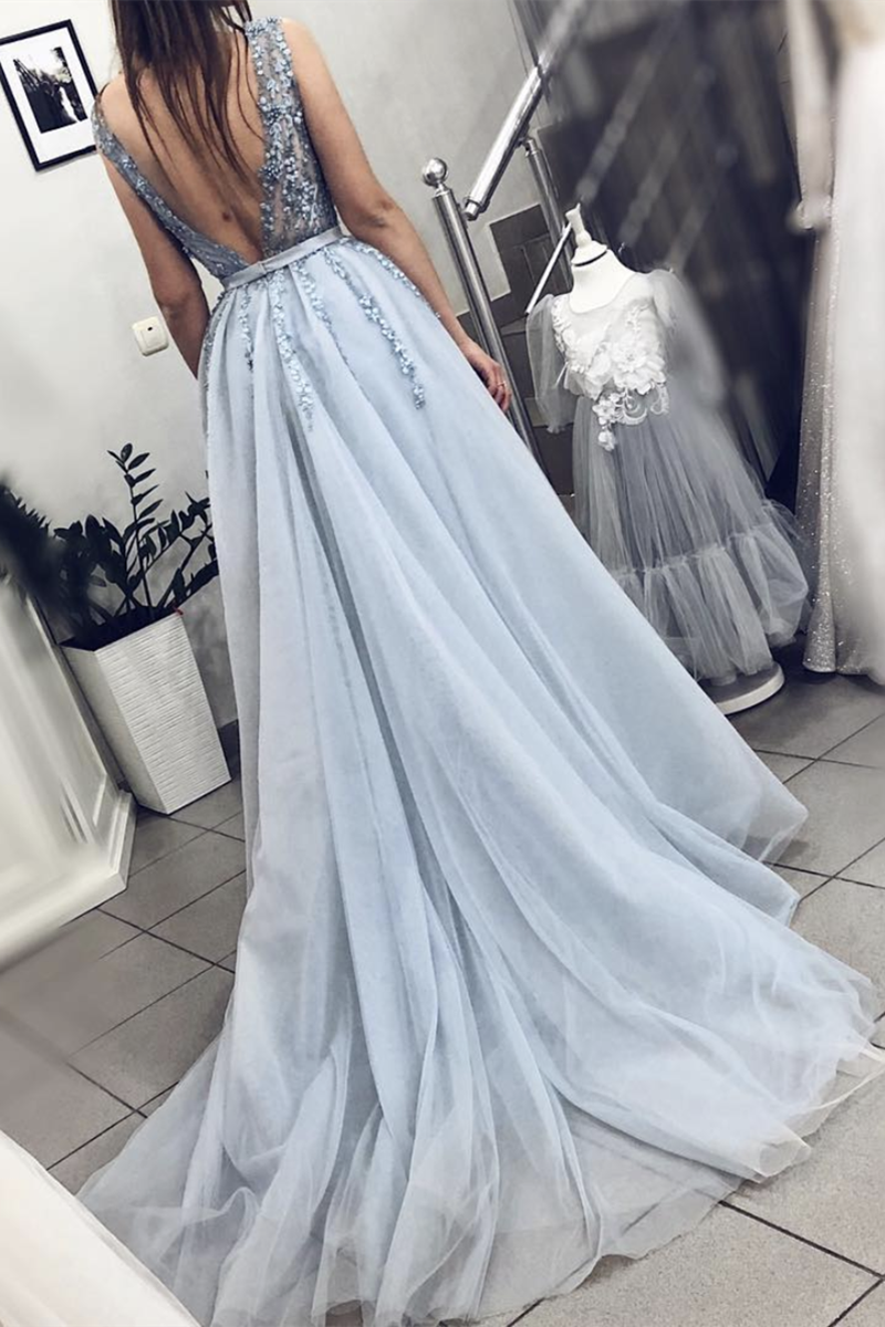 Unthony - Light Blue A Line V Neck Backless Beaded Top Tulle Long Prom Dress