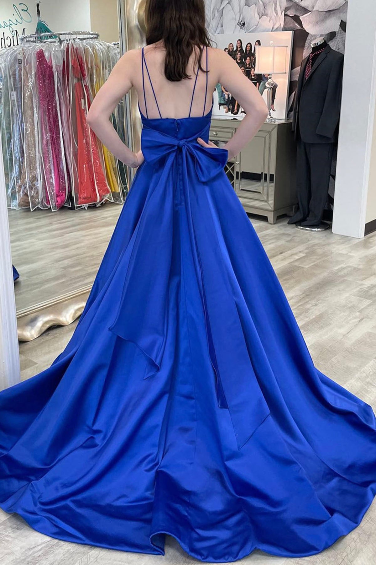 Unthony - V Neck Backless Royal Blue Satin Long Prom Dress