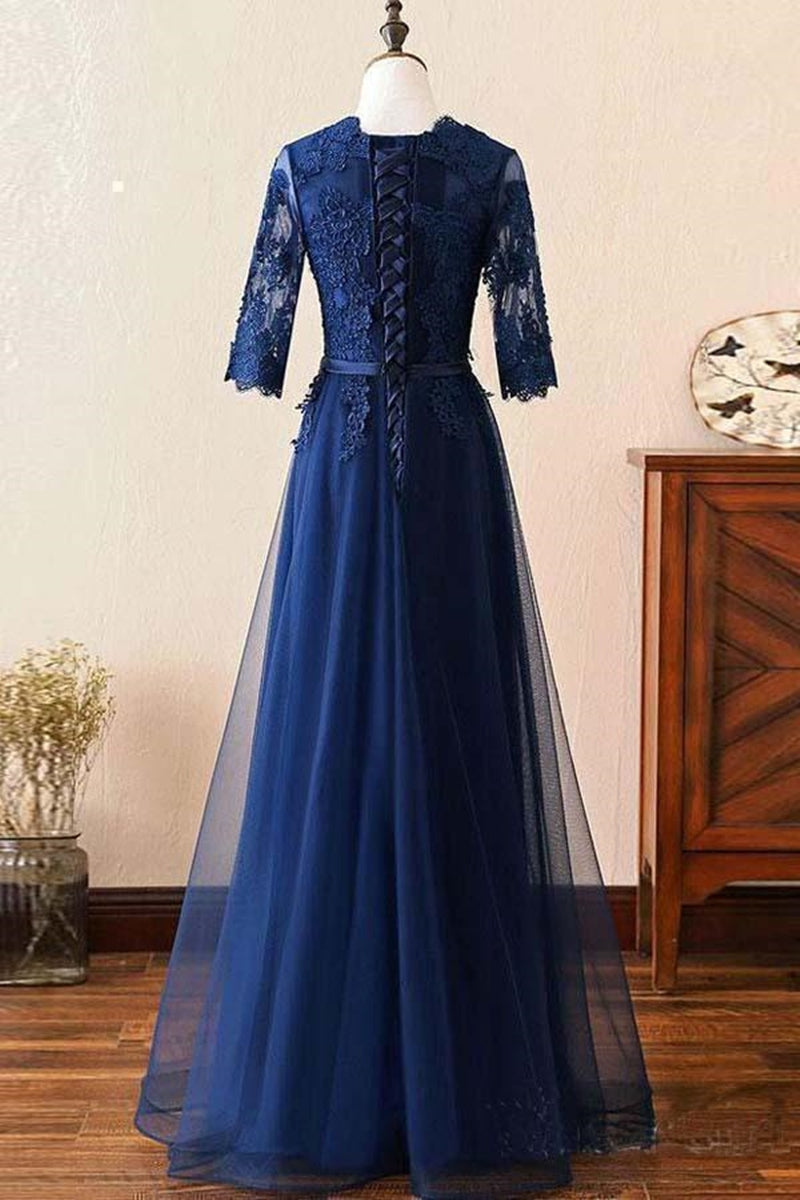 Unthony - Custom Made Long Sleeves Navy Blue Lace Prom Dress