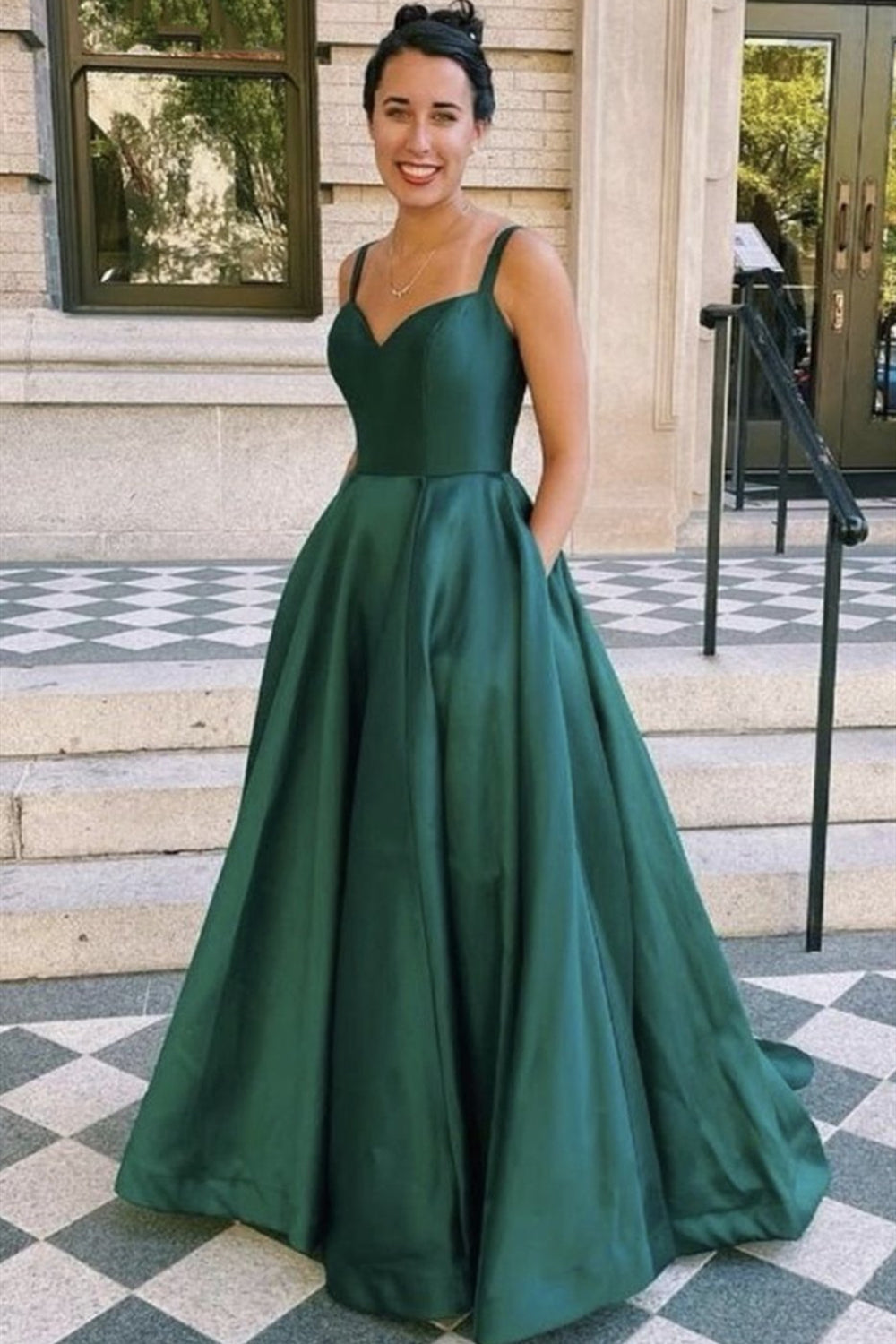 Unthony - Simple A Line Spaghetti Straps Green Satin Long Prom Dress with Pocket