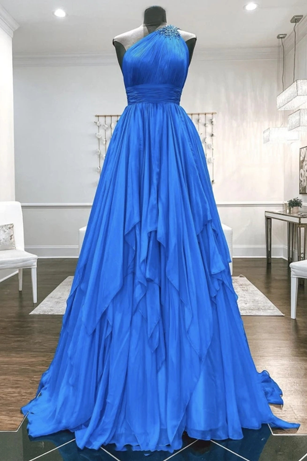 Unthony - One Shoulder Backless Blue Chiffon Long Prom Dress