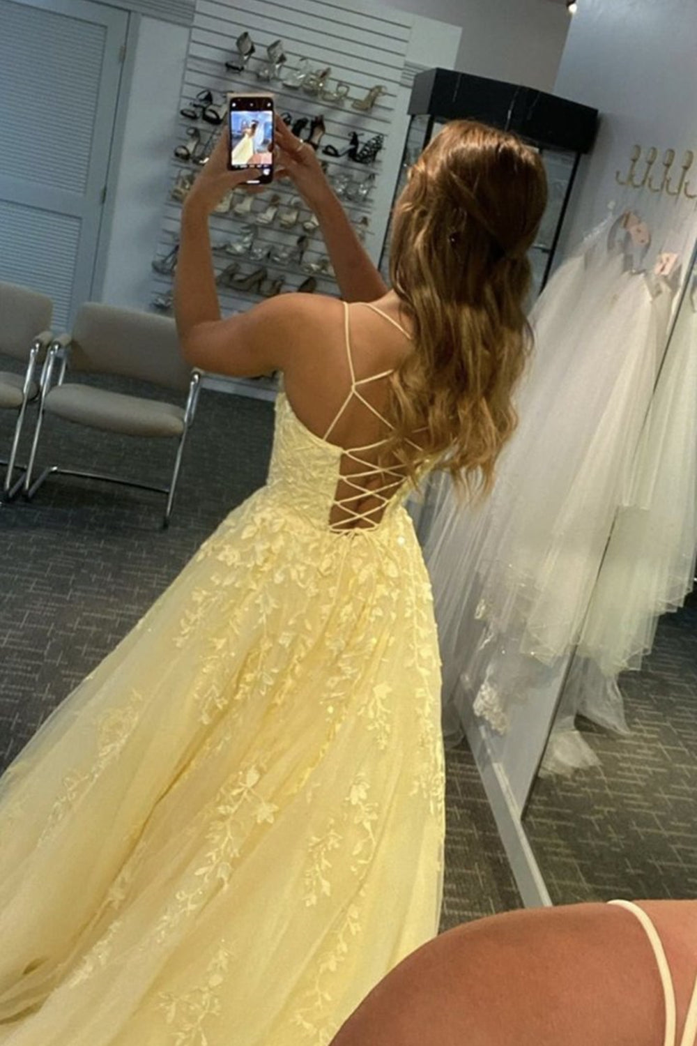Unthony - A Line Open Back Yellow Lace Long Prom Dress