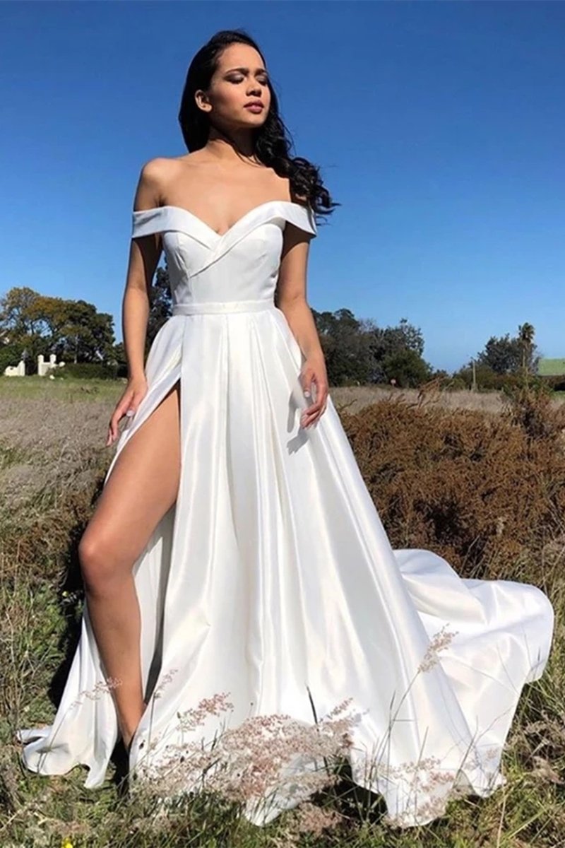 Unthony - Elegant Off Shoulder White Satin Long Prom Dress with High Slit