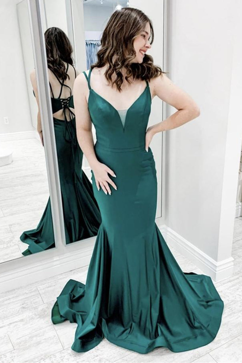 Unthony - Mermaid V Neck Green Satin Long Prom Dress
