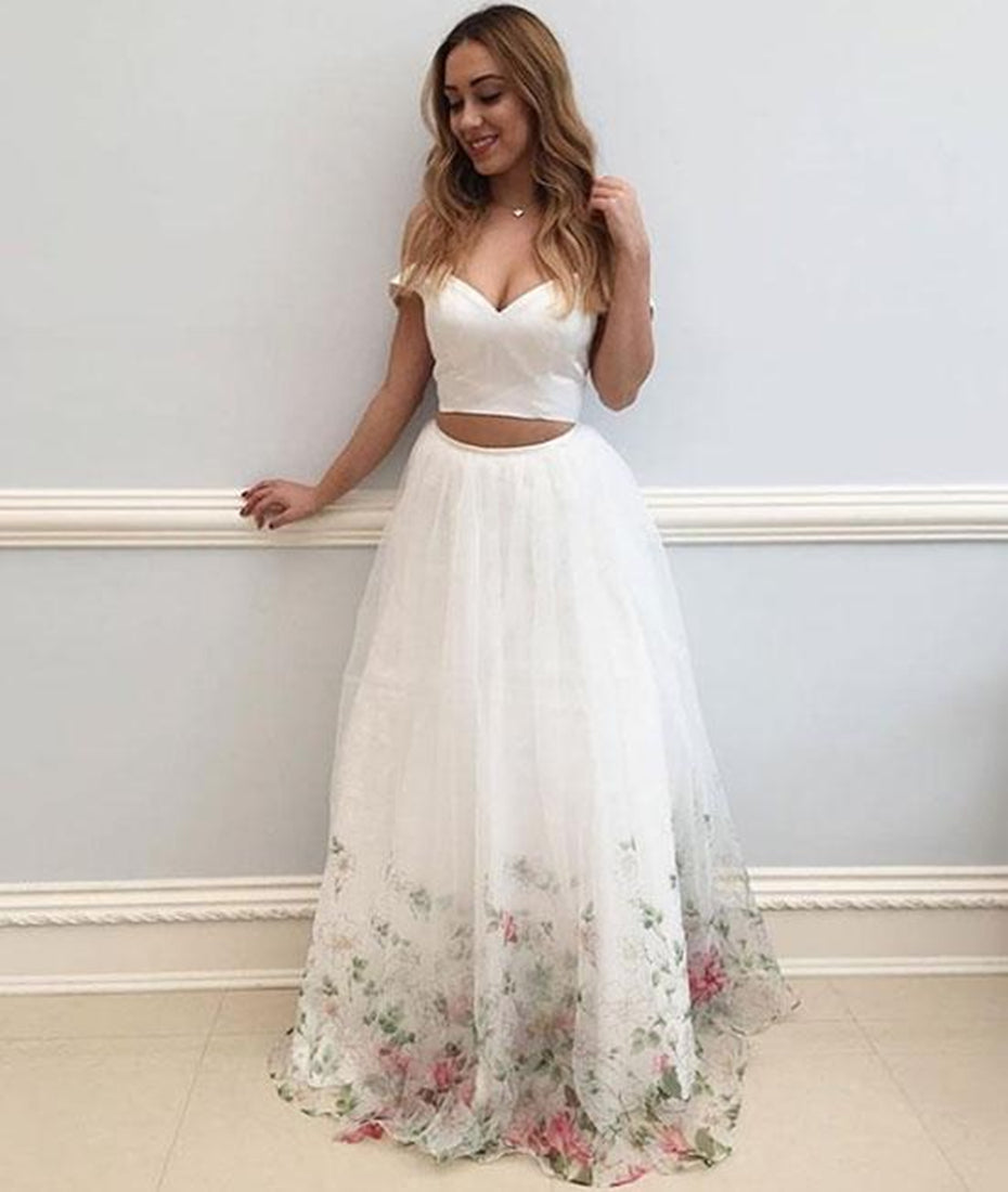 Unthony - Off Shoulder Two Pieces 3D Flower Lace White Prom Dresses with Appliques
