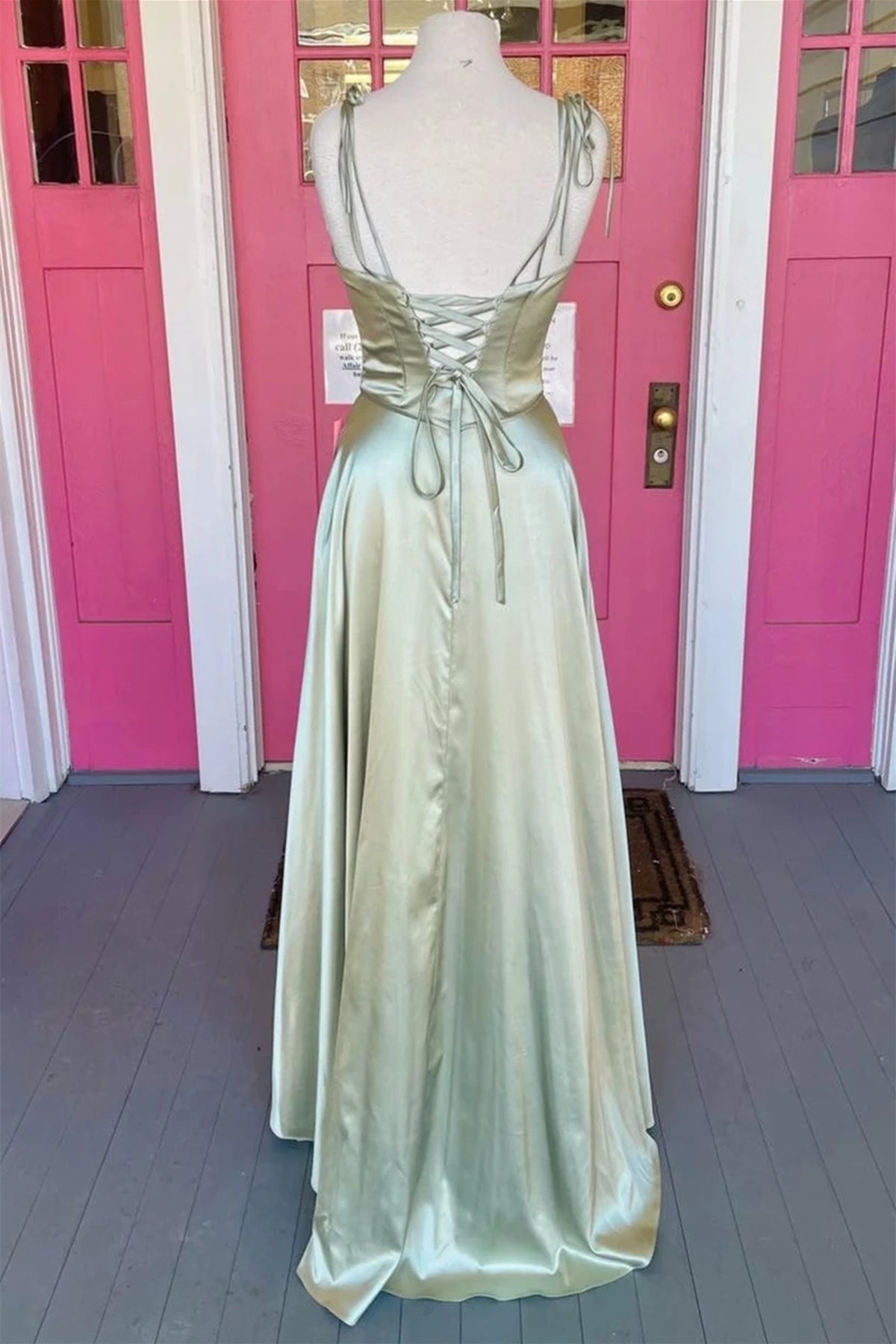 Unthony - Open Back Sage Satin Long Prom Dress with High Slit