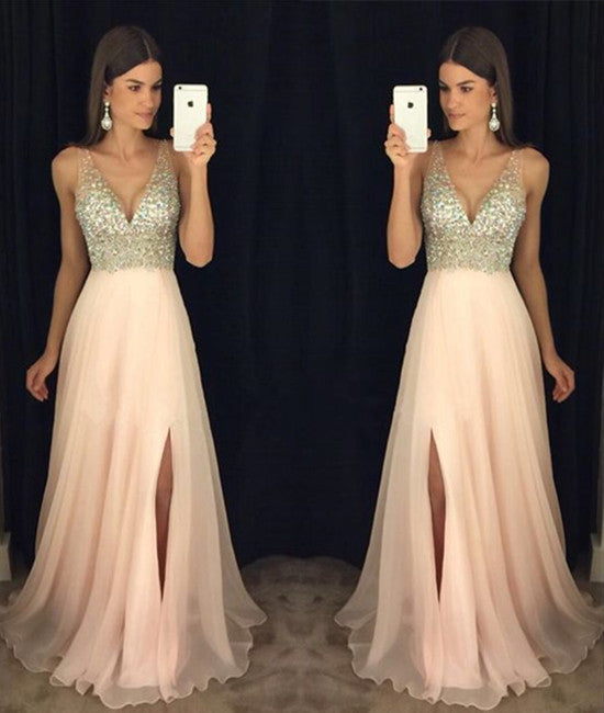 Unthony - V Neck Beaded Pink Prom Dresses