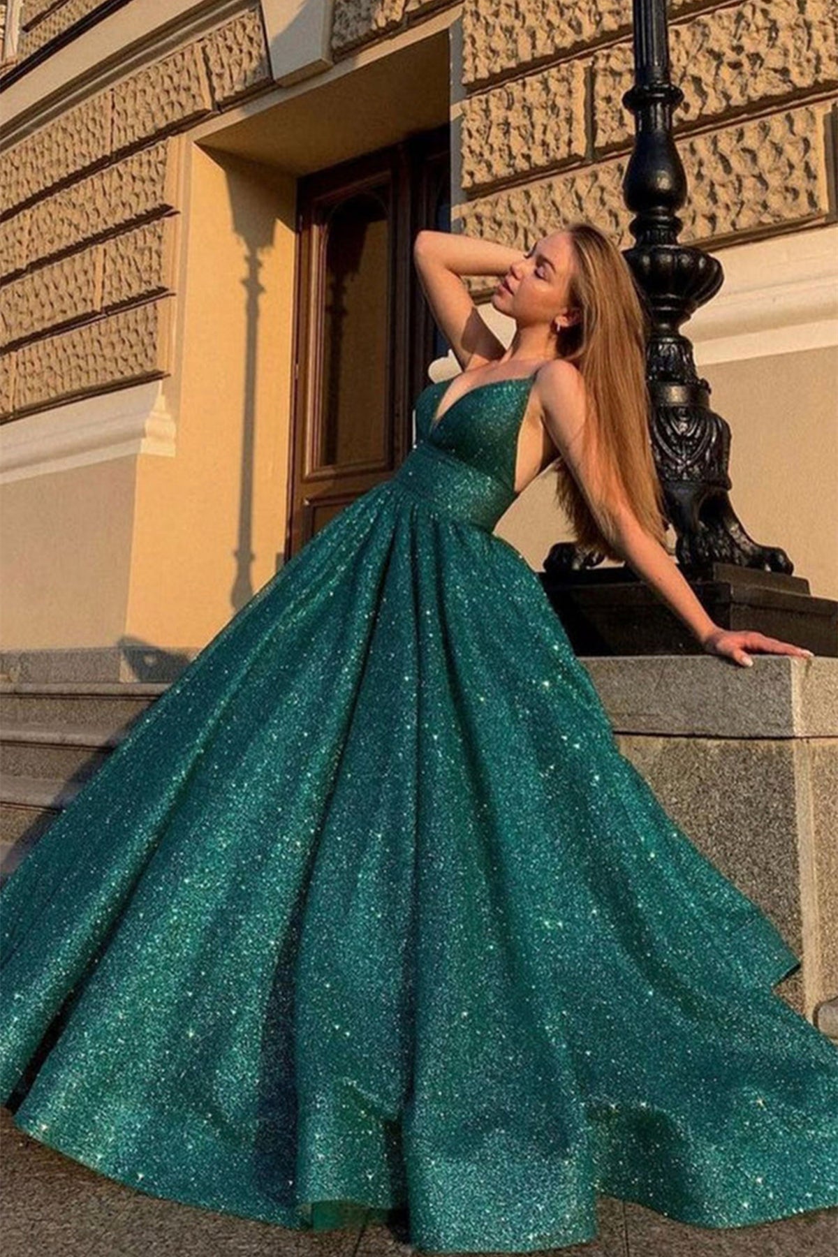 Unthony - Shiny V Neck Dark Green Long Prom Dress